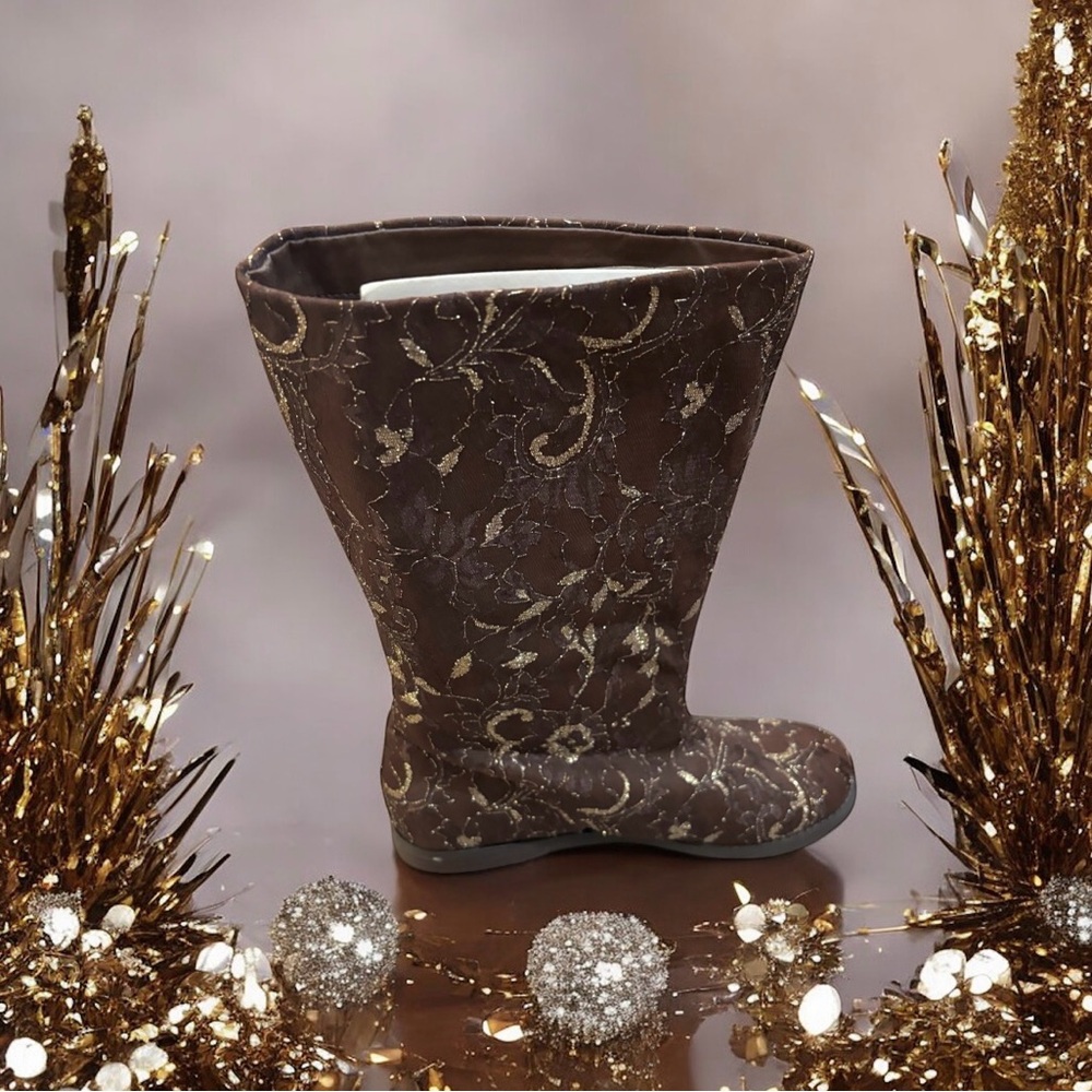 Joan Boyce Brown Boots w/Gold Embroidered Design & Brown Satin Bow Sz-9.5 W NWOB - Picture 5 of 16